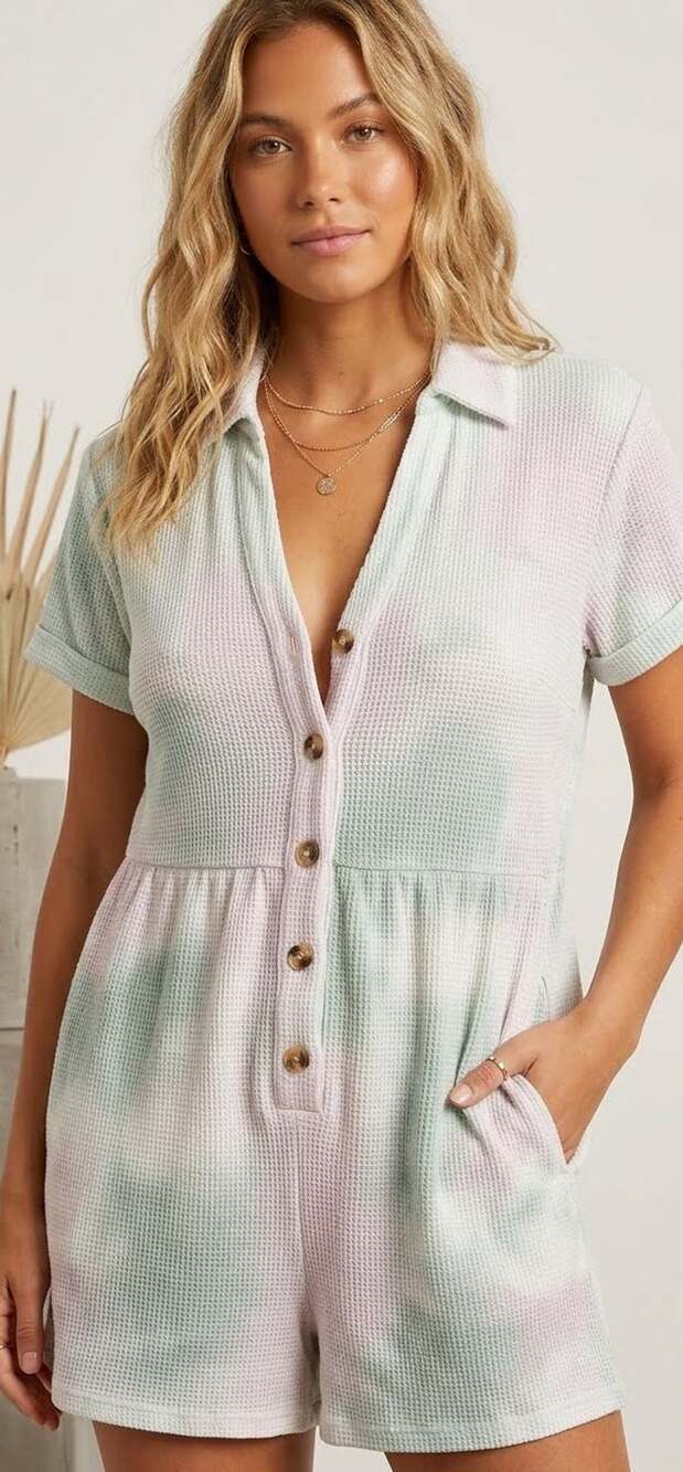 STORIA Women's Small Pastel Tie Dye Waffle Knit Button Front Romper Small